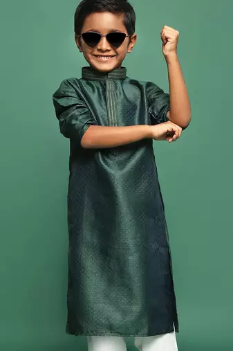 green silk printed kurta for kids
