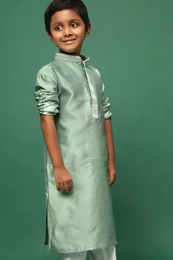 green silk printed kurta for kids