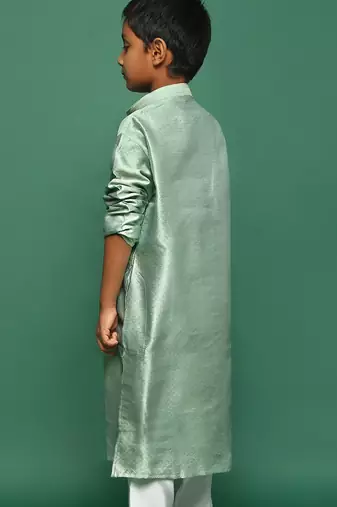 green silk printed kurta for kids