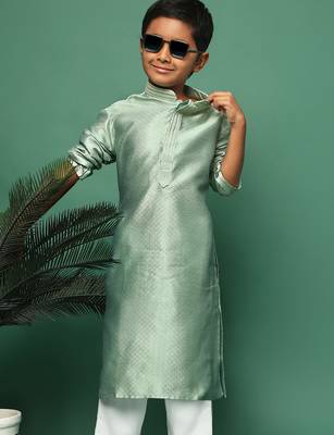 green silk printed kurta for kids 5