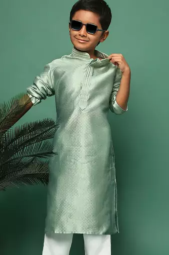 green silk printed kurta for kids