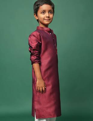 maroon silk printed kurta for kids 2