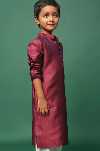 maroon silk printed kurta for kids