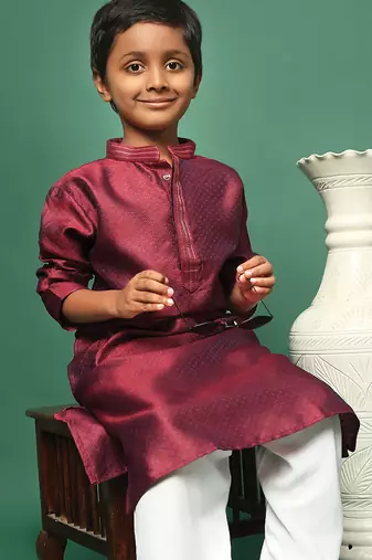 maroon silk printed kurta for kids