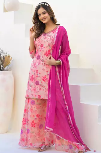 Pink georgette peach suit with dupatta