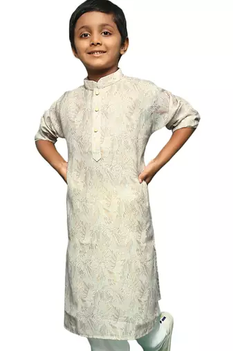 beige cotton printed kurta for kids