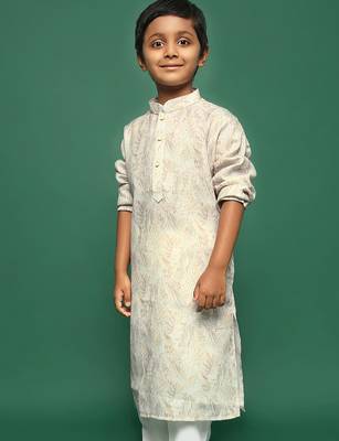 beige cotton printed kurta for kids 2