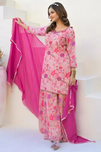 Pink georgette peach suit with dupatta
