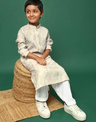 beige cotton printed kurta for kids 3