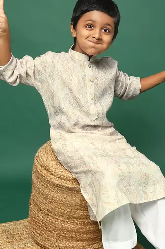 beige cotton printed kurta for kids