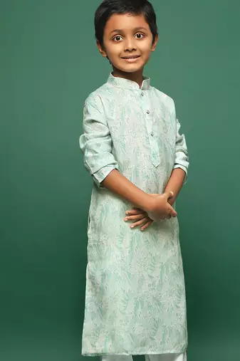 green cotton printed kurta for kids