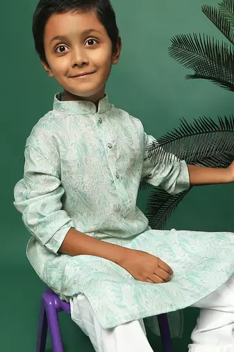 green cotton printed kurta for kids