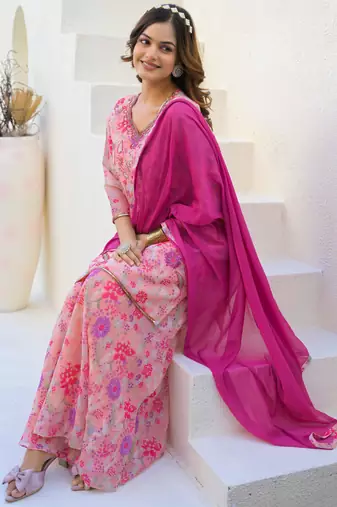 Pink georgette peach suit with dupatta