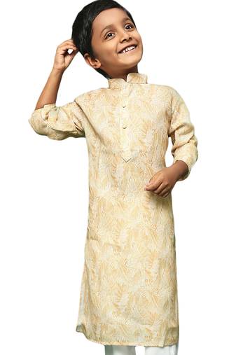 Premium cotton light yellow printed kurta for boys blends heritage and modern charm