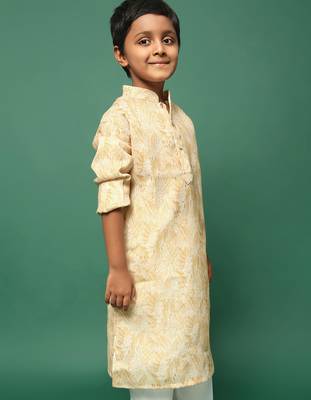 yellow cotton printed kurta for kids 2