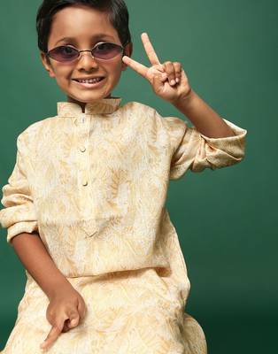 yellow cotton printed kurta for kids 3
