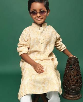yellow cotton printed kurta for kids 5