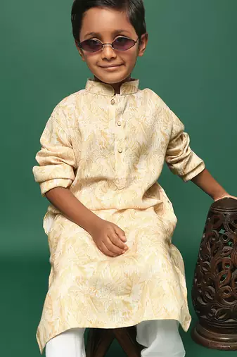 yellow cotton printed kurta for kids