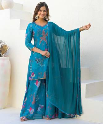 Blue georgette printed suit with dupatta 1