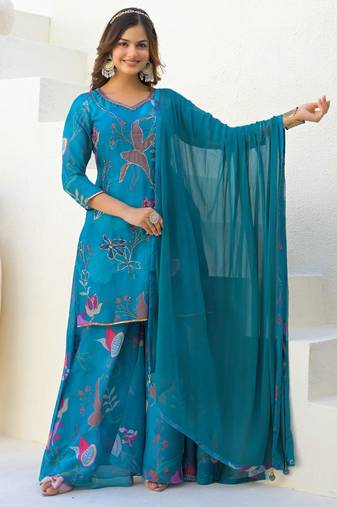 Blue georgette printed suit with dupatta