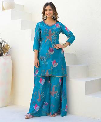 Blue georgette printed suit with dupatta 2