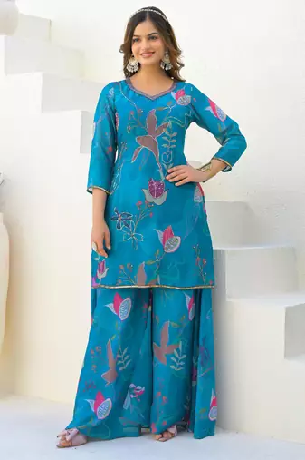 Blue georgette printed suit with dupatta