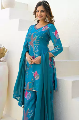 Blue georgette printed suit with dupatta
