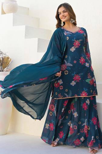 Navy blue georgette printed Kurta Palazzo with dupatta