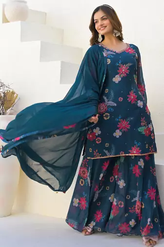 Navy blue georgette printed Kurta Palazzo with dupatta