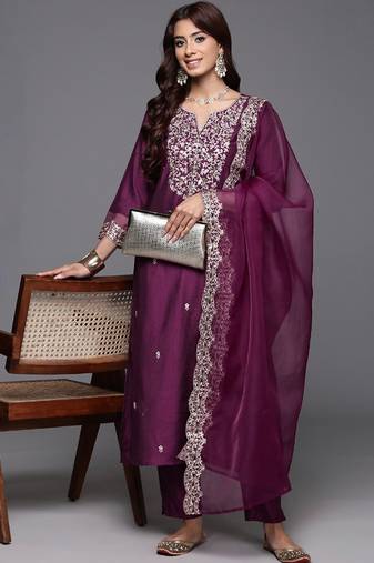Wine chanderi heavy thread embroidered work kurta pant set