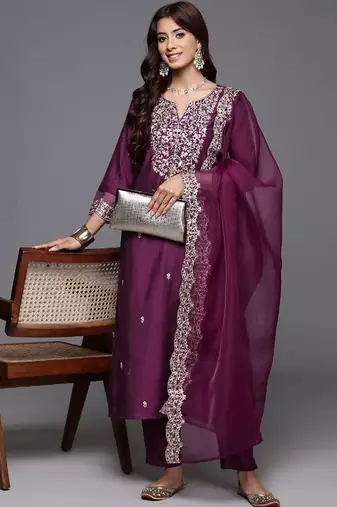 Wine chanderi heavy thread embroidered work kurta pant set