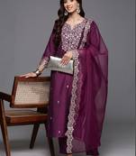 Wine chanderi heavy thread embroidered work kurta pant set