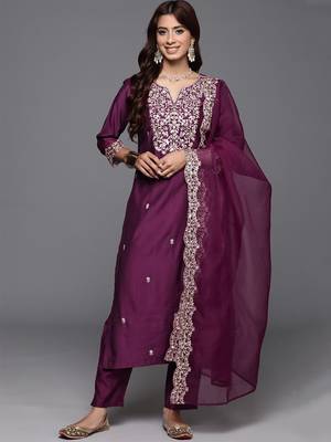 Wine chanderi heavy thread embroidered work kurta pant set 2