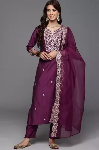 Wine chanderi heavy thread embroidered work kurta pant set