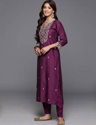 Wine chanderi heavy thread embroidered work kurta pant set 3