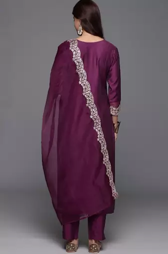 Wine chanderi heavy thread embroidered work kurta pant set