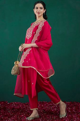 Pink chanderi heavy thread embroidered work kurta pant set