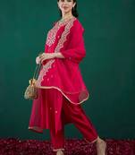 Pink chanderi heavy thread embroidered work kurta pant set