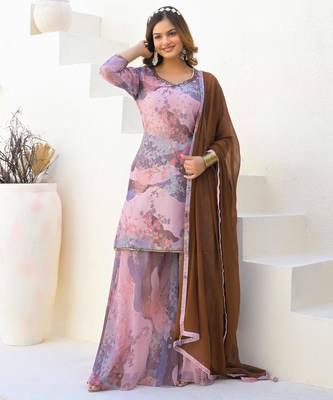 Cream georgette printed Kurta Palazzo with dupatta 1