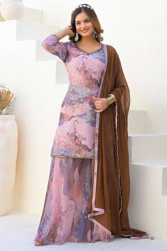 Cream georgette printed Kurta Palazzo with dupatta