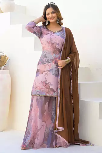 Cream georgette printed Kurta Palazzo with dupatta