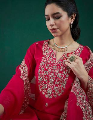 Pink chanderi heavy thread embroidered work kurta pant set 3