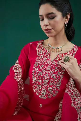 Pink chanderi heavy thread embroidered work kurta pant set