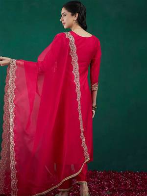 Pink chanderi heavy thread embroidered work kurta pant set 4
