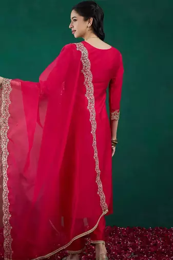 Pink chanderi heavy thread embroidered work kurta pant set