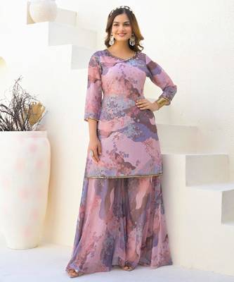 Cream georgette printed Kurta Palazzo with dupatta 2