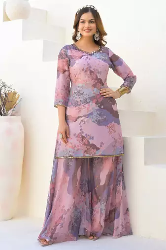 Cream georgette printed Kurta Palazzo with dupatta