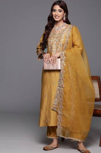 Yellow chanderi heavy thread embroidered work kurta pant set