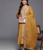 Yellow chanderi heavy thread embroidered work kurta pant set