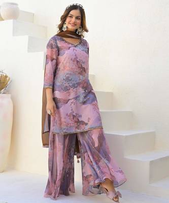 Cream georgette printed Kurta Palazzo with dupatta 3